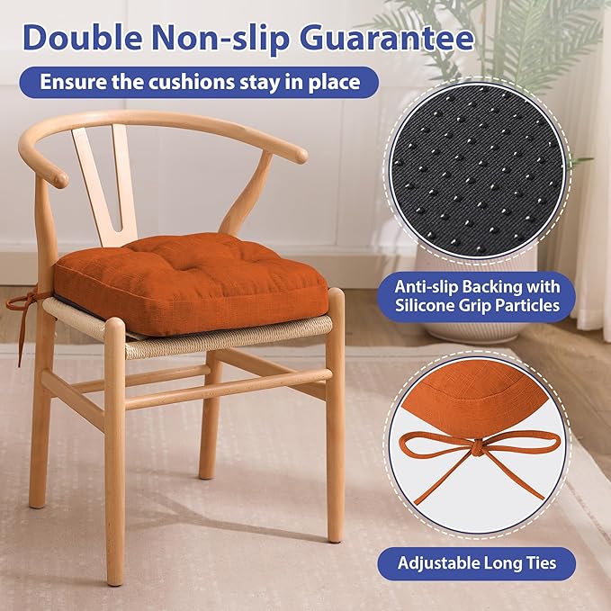 Chair Cushions for Dining Chairs, Dining Chair Cushions, Tufted Indoor Chair Pads with Ties & Non Slip Backing, Seat Cushions for Kitchen Chairs 16.5” x 16.5” x 3.5”, Set of 6, Orange