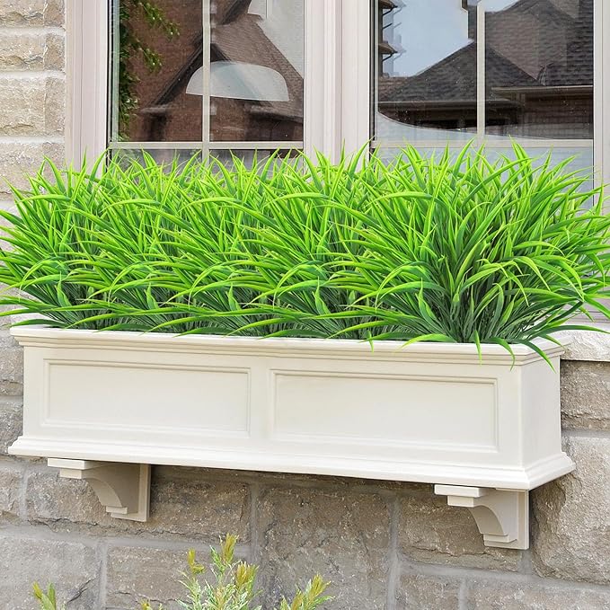 Ouddy Decor 16 Bundles Artificial Plants Outdoor Fake Grass Greenery Stems UV Resistant Faux Plastic Shrubs for Spring Summer Garden Pathway Window Box Front Porch Home Decor, Green
