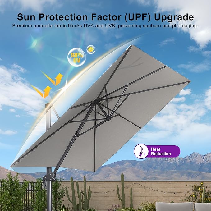 PURPLE LEAF 10' X 13' Patio Umbrella Large Rectangle Outdoor Aluminum Cantilever Umbrella with 3-Year Fade Resistance Recycled Fabric and 360-degree Rotation for Deck Pool Garden, Pebble Grey