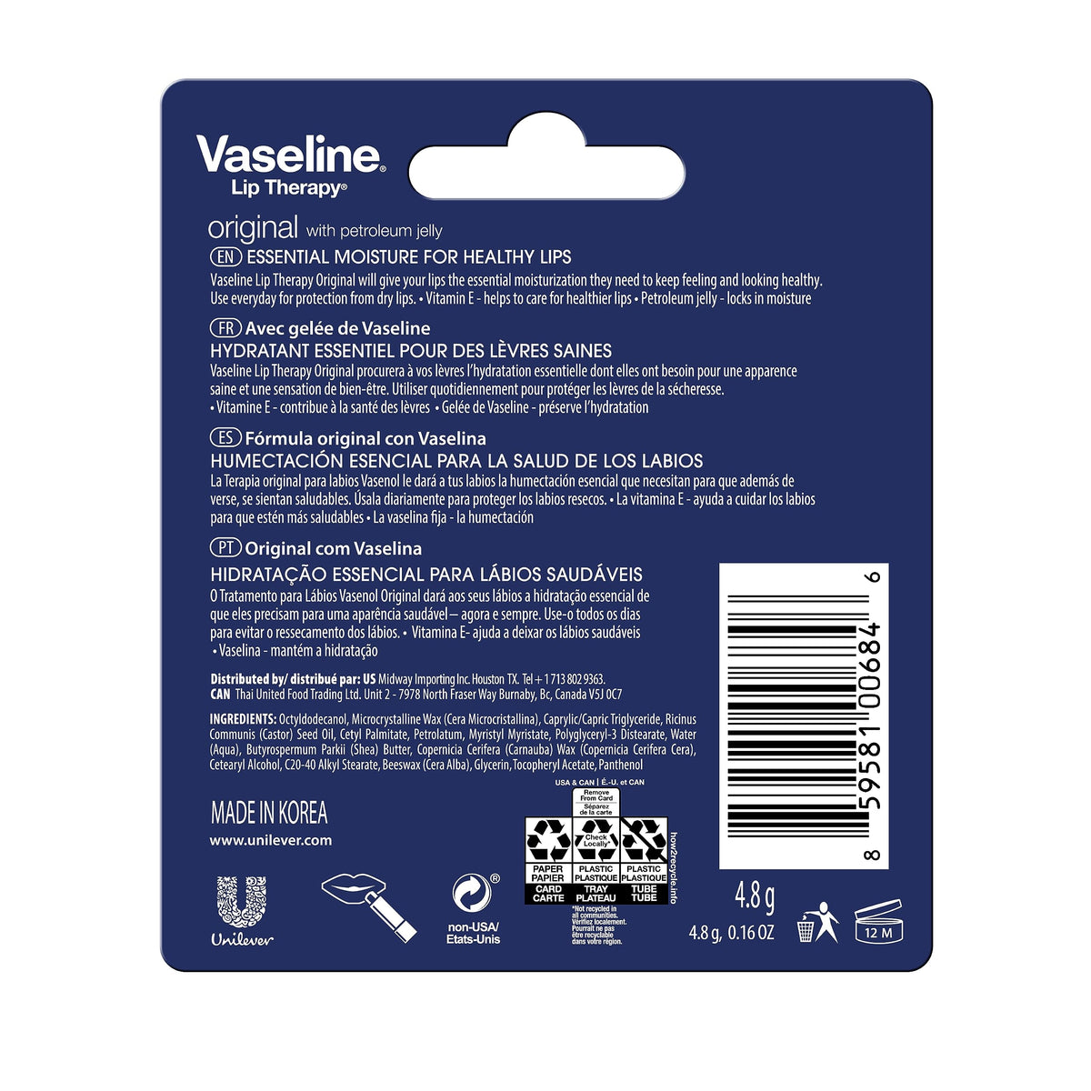Vaseline Lip Therapy Care Original, Fast-Acting Nourishment, Ideal for Chapped, Dry, Cracked, or Damaged Lips, Lip Balm, 0.16 Ounce (Pack of 4)