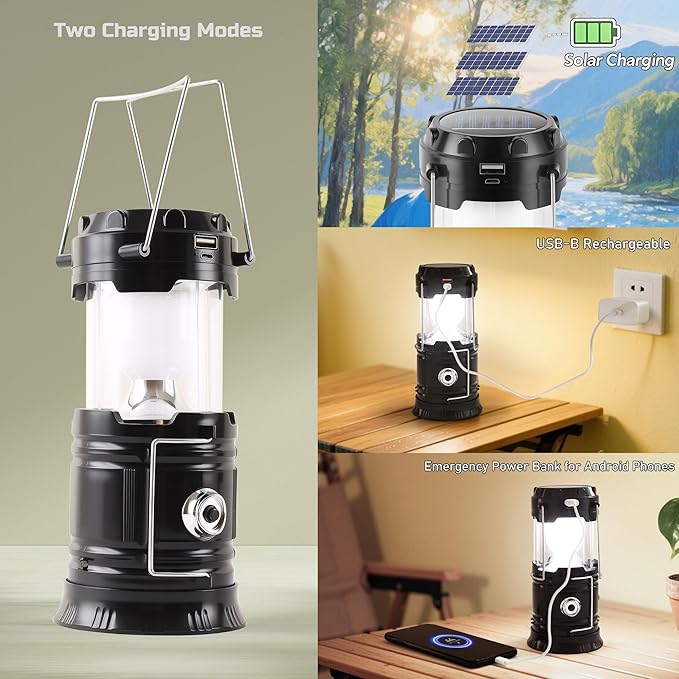Lichamp Collapsible Portable Solar Camping Lantern, USB Rechargeable LED Flashlight - Survival Kits for Power Outages Hurricane Supplies Emergency, Indoor & Outdoor, 4-Pack