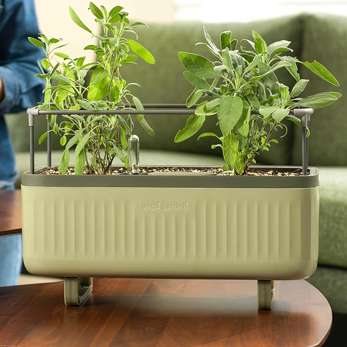 Vego Garden 2 Pack Herb Indoor Plant Box, Self Watering Planters Pots with Trellis for Kitchen Window Sill or Countertop Plants Cage - Sage Green
