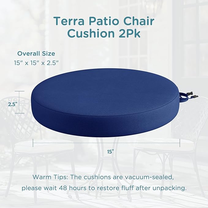 Codi Round Outdoor Chair Cushions 15 Inch, Patio Bistro Cushion Set of 2, Waterproof with Adjustable Straps, Navy 15x15''