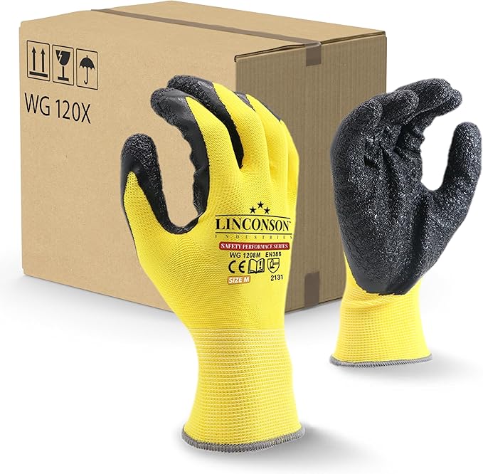 linconson 12 Pack Safety Performance Series Construction Mechanics Wrinkle Latex Work Gloves