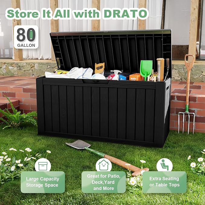 DRATO 80 Gallon Large Deck Box, Outdoor Storage Box for Patio Furniture, Patio Cushions, Gardening Tools, Pool Supplies 480lbs Weight Capacity,Waterproof Resin Storage Boxes