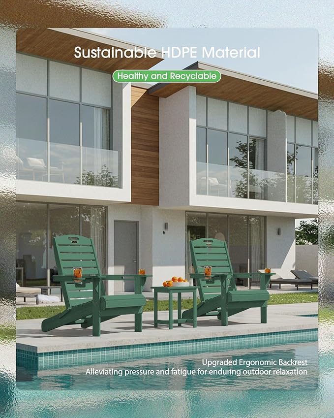 Folding Adirondack Chair HDPE All-Weather Adirondack Chairs with Cup Holder, Outdoor Fire Pit Chairs Lawn Chair for Deck Patio Garden (Green)