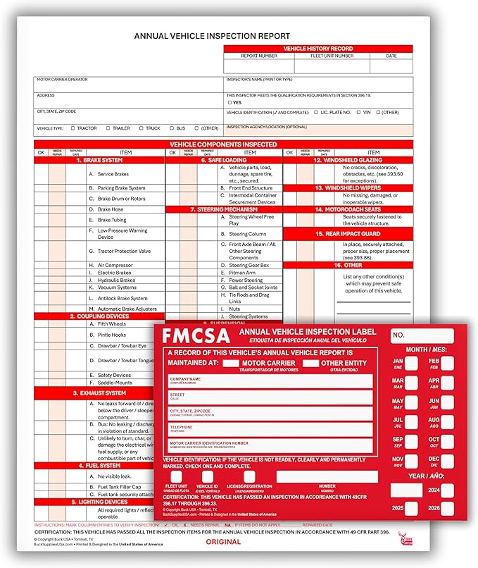 5 Pack 3-Ply Carbonless Annual Vehicle Inspection Report Forms with FMCSA Red Aluminum Adhesive Labels, DOT Inspection Forms and Stickers, Shrink-Wrapped, 8.5" x 11.75" - Made in USA