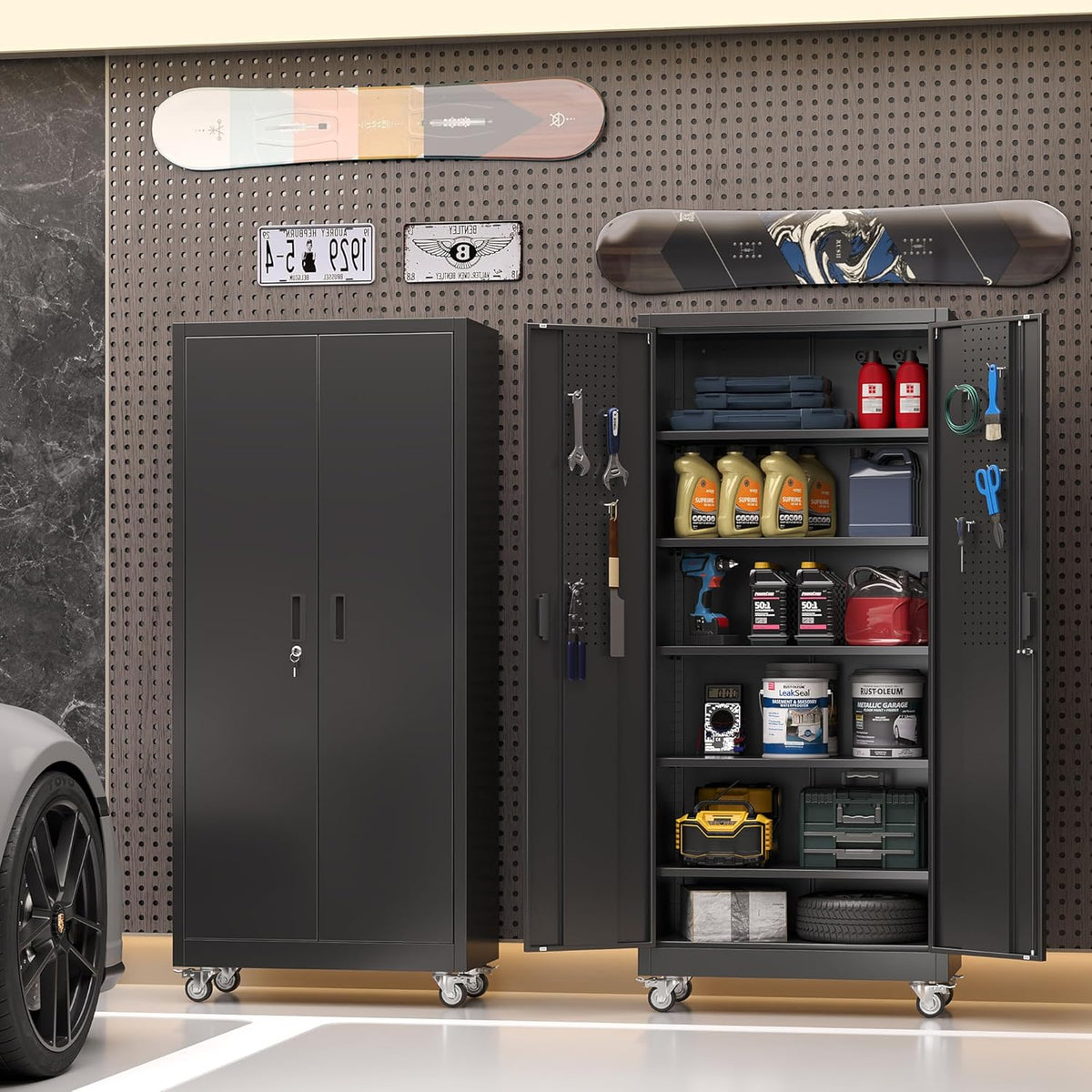 Metal Garage Storage Cabinet with Wheels & Pegboard, Lockable Metal Storage Cabinets with 2 Doors&5 Adjustable Shelves for Garage&Home,Assembly Required,Black 71''H x32''W x16''D