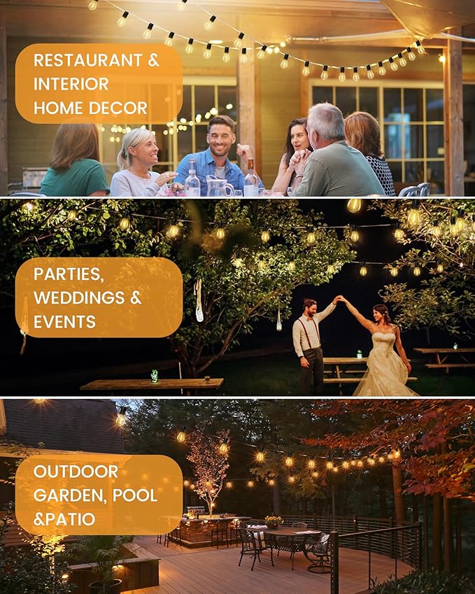 Solar Powered 150FT Outdoor String Lights 35+2 LED Bulbs Waterproof Shatterproof Remote Control Dimmable Extra Long Hanging Lights for Large Yard Deck Market Cafe Event Lighting