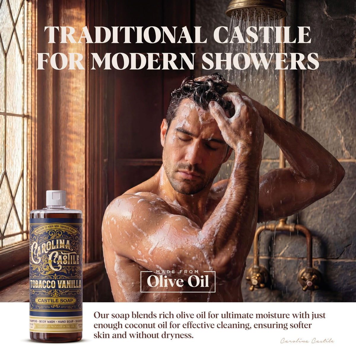Castile Liquid Body Wash for Sensitive Skin – Natural Shampoo for Men with Olive Oil, Cocoa Butter & Coconut Oil – Tobacco Vanilla by Carolina Castile (Tobacco Vanilla, 32 Fl Oz)
