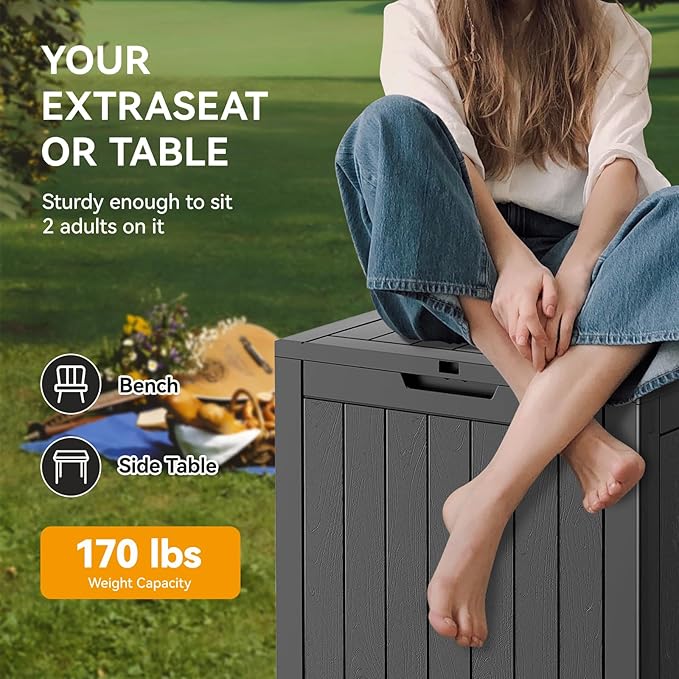 Outdoor Storage Box, 32 Gallon Deck Box Indoor Outdoor Storage Bin,Waterproof Resin Patio Storage Box for Garden Tools,Package Delivery,Pool Accessories,Sports Equipment,Patio Furniture,Lockable