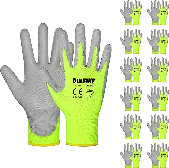 DULFINE Safety Work Gloves for Men PU Coated 12 Pairs Bulk Pack,Hi-Vis Yellow Seamless Knit Glove with thin Polyurethane Coated Smooth Grip on Palm & Fingers,Ideal for General Duty Work (Small)