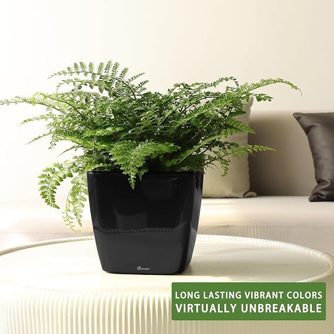 Dexceder 9x8 Self Watering Planter Indoor Outdoor, Inner Mat Design, Thickened Table Flower Plant Pot with Water Level Indicator (Black High Gloss)