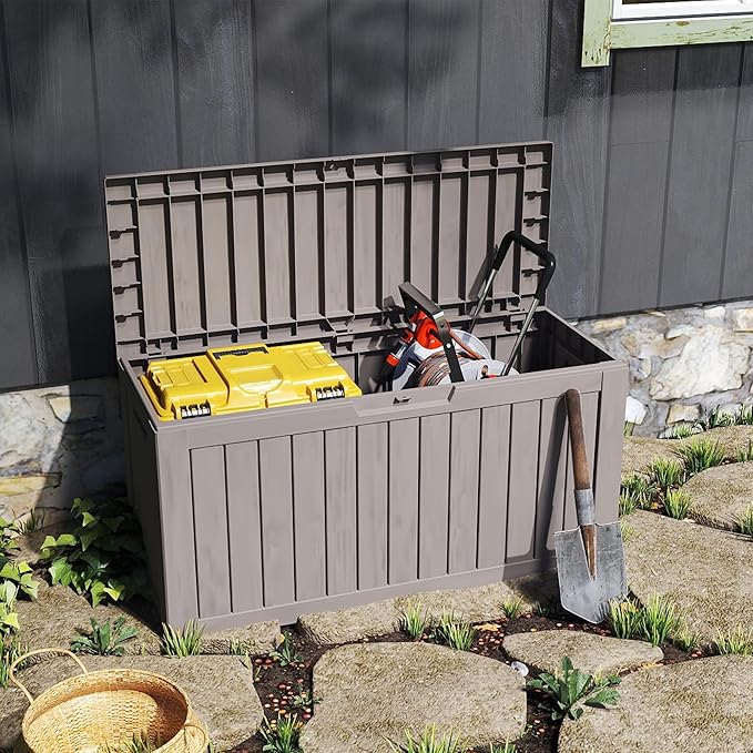 90 Gallon Lockable Resin Deck Box with Wheels, Waterproof & UV-Resistant Outdoor Storage Box for Outdoor Cushion Storage, Garden Tools & Pool Accessories Storage, Gray