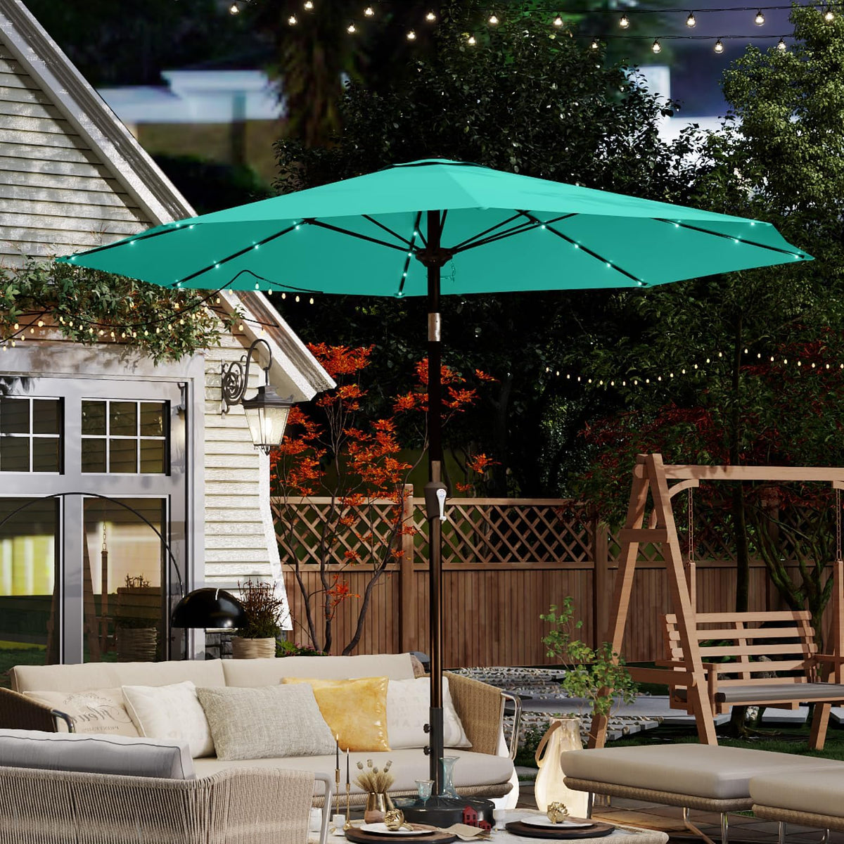 10FT Solar Umbrella 32 LED Lighted Patio Umbrella Table Market Umbrella w/Tilt and Crank, UV-Resistant Outdoor Umbrella for Pool, Garden, Deck, Turquoise Blue