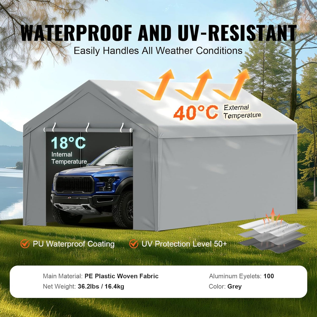 VEVOR Carport Replacement Canopy Cover Top + Side Wall 13 x 20 ft, Garage Tent Shelter Tarp Heavy-Duty Waterproof & UV Protected, Easy Installation with Ball Bungees,Grey (Frame Not Included)