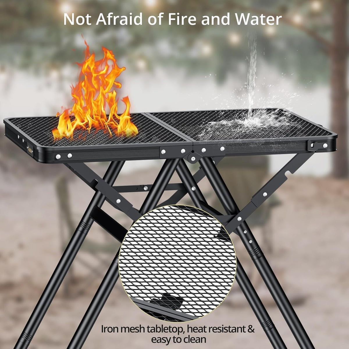 2ft Sturdy Folding Grill Table, Supports 180 Lbs, 2 Adjustable Height 28” Portable Grill Table, Heat-Resistant Tabletop, Folding Metal Table for Camping BBQ Cooking Backyard, 24" X 16", Black