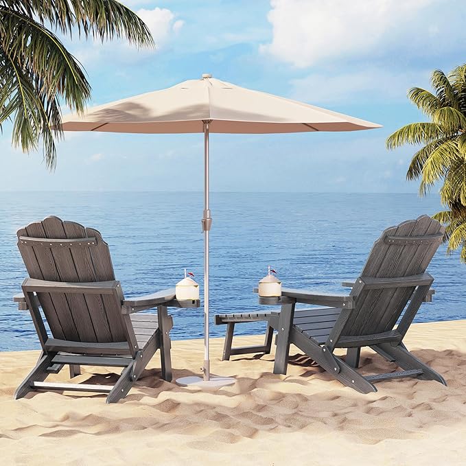 Folding Adirondack Chair Set of 2 with Adjustable Backrest, Adirondack Chair with Ottoman with 2 Cup Holders, for Outdoor Beach Garden Porch Lawn Pool Deck, Grey