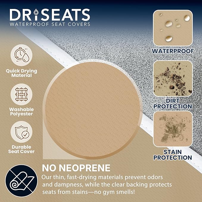 Dri Seats Waterproof Car Seat Cover – Premium Sweat Towel with Slip Resistant Backing for Front Seats in Cars, Trucks, SUVs – Universal Seat Covers & Liner, Easy Install (Tan, Large)