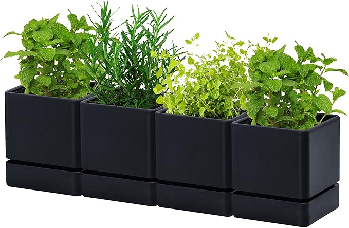 4 Inch Herb Planter Pot, Plastic Planter with Drainage Holes and Saucer, Modern Decorative Gardening Pot for Indoor Plants, Flowers, Herbs, Succulents, Black, Set of 4, 76-Y-B-4