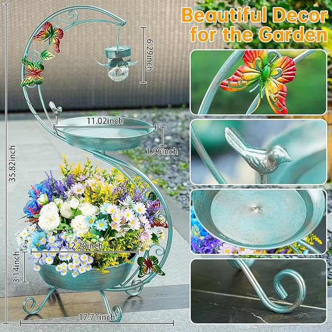 Bird Bath for Outside with Solar Lamp, 36" Birdbaths for Outdoors with Planter Flower Pot, Metal Bird Bath Bowl for Garden Yard Decor (All Blue Green)