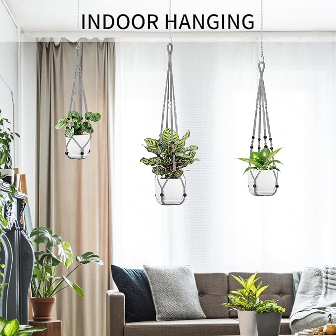 3 Pack Macrame Plant Hanger - 43"/35"/29" Different Sizes, Hanging Planter Basket Flower Pot Holder for Indoor Outdoor, with Wood Beads, Boho Home Decor, Gray (POTS NOT Included)