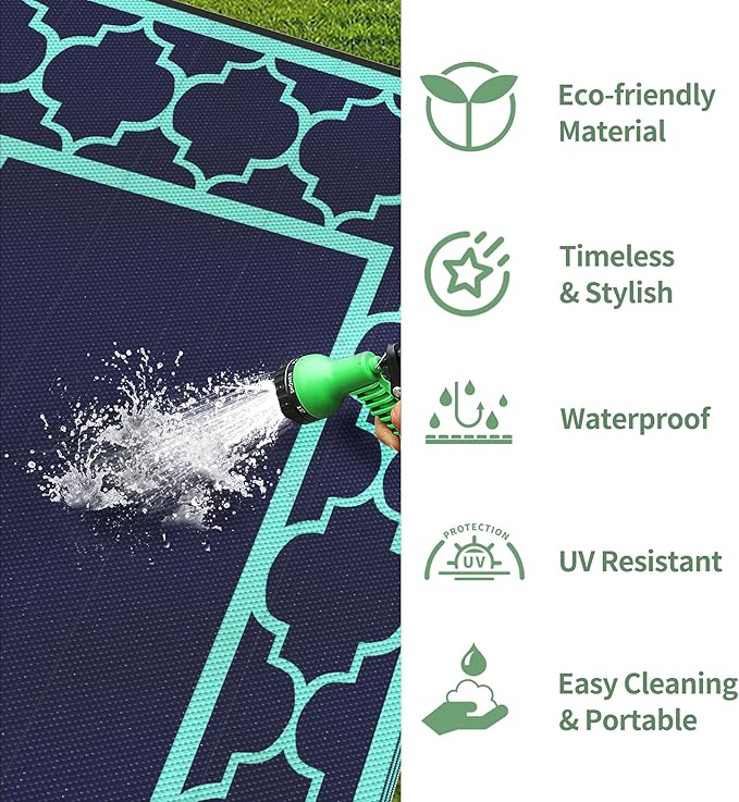 GENIMO 8 ' x 10 ' Outdoor Rug for Patio, Waterproof Indoor Outdoor Plastic Straw Rugs Carpet, Reversible Outside Area Mat for Camping, Balcony Porch, Deck, Picnic, Beach Navy Blue & Jade Green