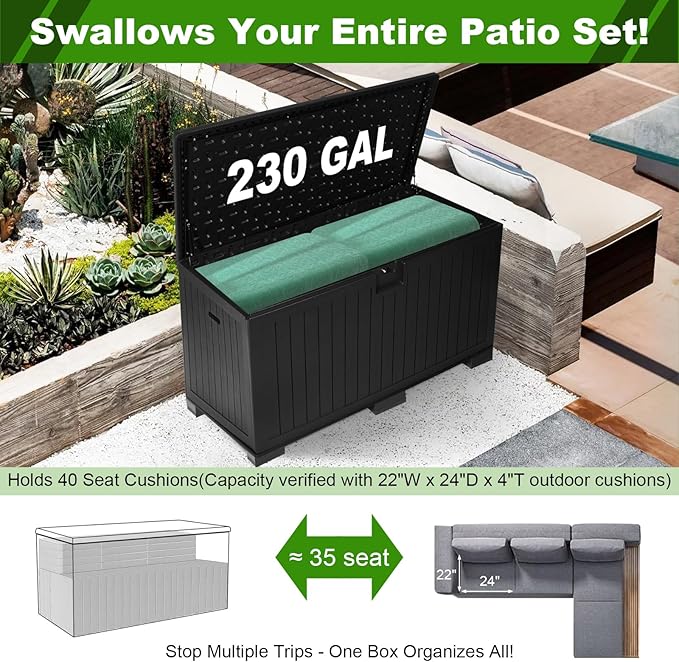 270 Gallon Outdoor Storage Box Waterproof, Extra Large Plastic Outside Deck Box Weatherproof, Resin Patio Storage Bin with Lock and Lids for Pool Equipment and Cushion, Black