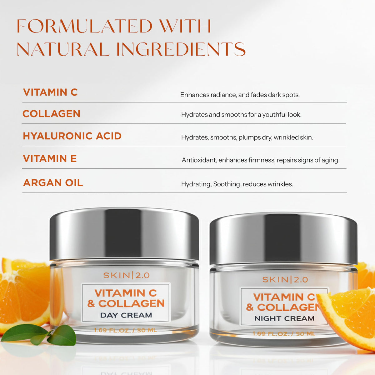 Skin 2.0 Vitamin C & Collagen Face Moisturizer – Anti Aging Day & Night Cream for Smooth & Radiant Skin, Firms & Restores Dull Complexion – Dermatologist Tested, Korean Skin Care Set, Vegan – Duo Pack