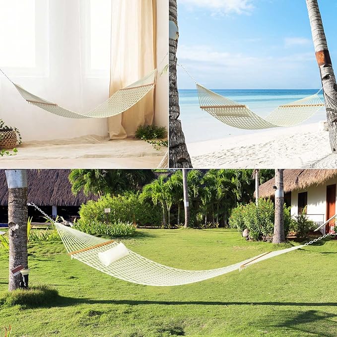 13FT Hammocks, Traditional Hand Woven Cotton Rope Hammock with Free Extension Chains for Outdoor Indoor Patio Yard 450 LSB Capacity for Two Person (Natural)