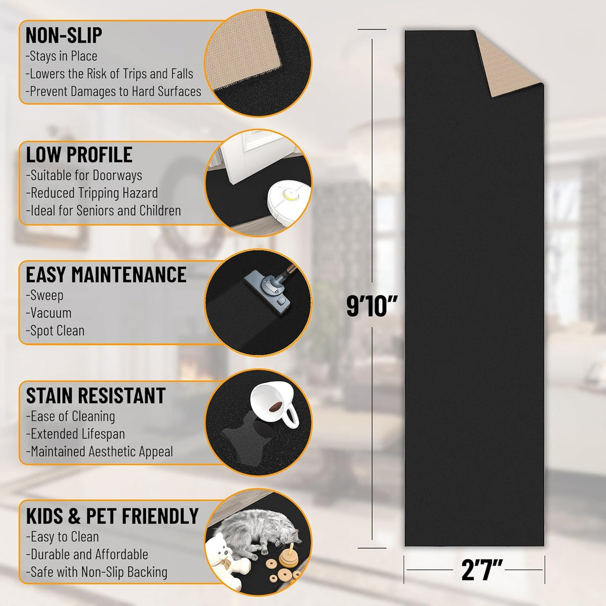 Ottomanson Hallway Runner Rug 2'7" x 9'10" Non Slip Solid Area Rugs Easy to Clean Laundry Rug Runner Durable & Pet Friendly Floor Carpet Runners for Hallways Entryway Living Room Kitchen, Black