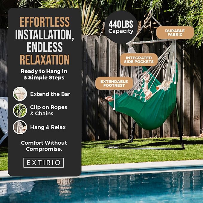 Hanging Hammock Chair Swing – Hanging Chair Outdoor & Indoor - Hammock Swing Chair – Quick & Easy Setup with Hardware Kit – Durable & Spacious Full Body Support – Holds 440 Lbs