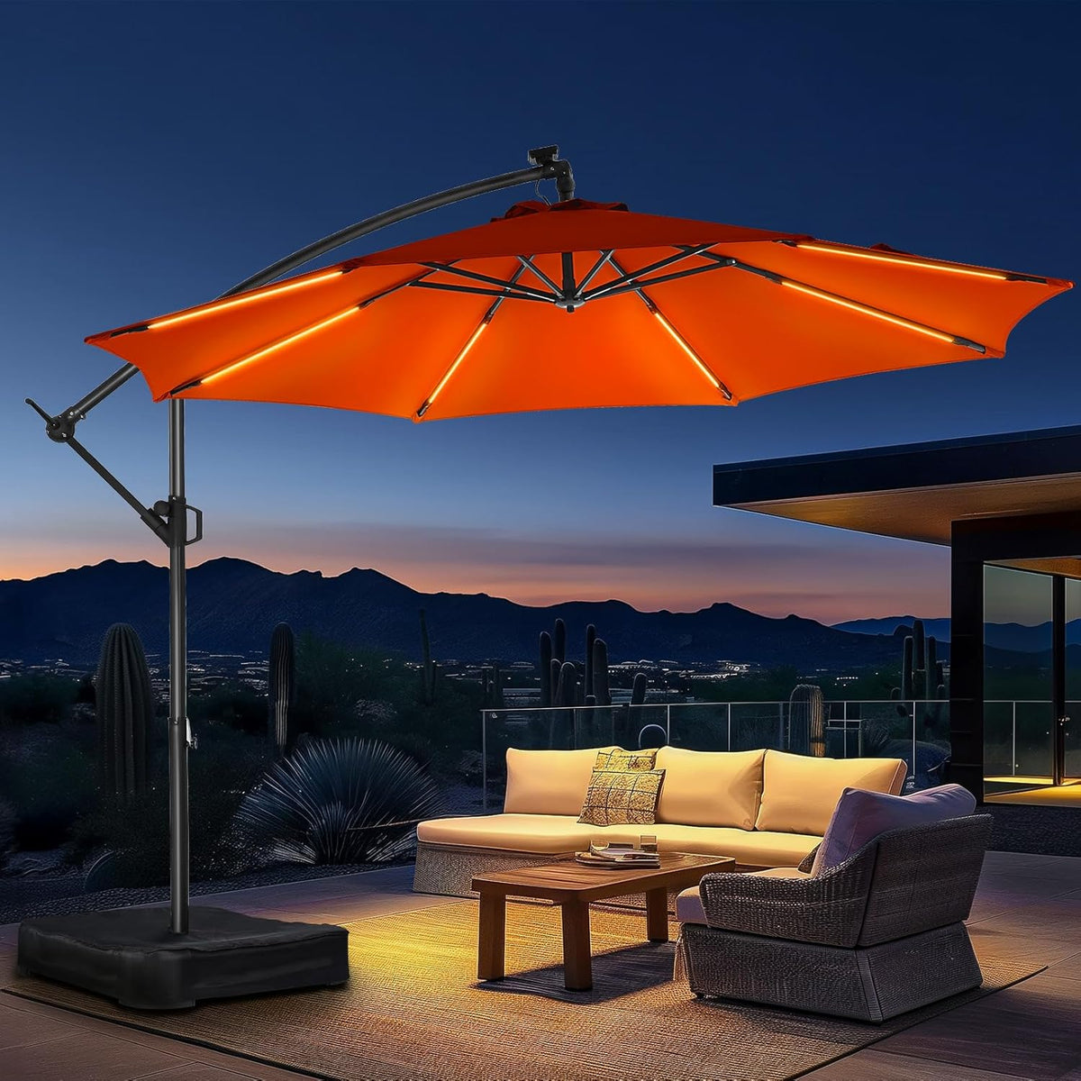 HOMSHADE 10ft Solar Lights Offset Cantilever Patio Umbrella - with Light and Base, LED Lighted Offset Hanging Patio Outdoor Market Umbrella UPF50+ UV Protection with Easy Tilt and Crank (Orange)