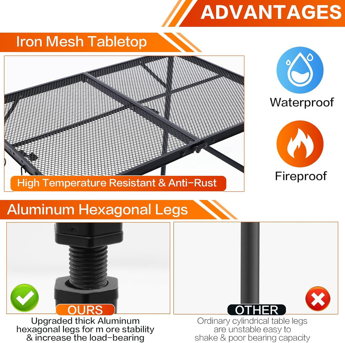 Outdoor Picnic Camping Table, Folding Grill Metal Table 3 Ft - Portable, Lightweight, Compact & Height Adjustable Collapsible Patio BBQ Table with Trash Bag Holder