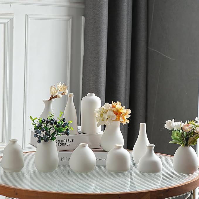 JOJUNO White Bud Vases, Small Ceramic Vase Set of 11, Mini Pottery Vases for Flowers, Decorative Pieces for Home Modern Decor, Boho Decor, Chic Accents for Living Room Dining Table Shelves