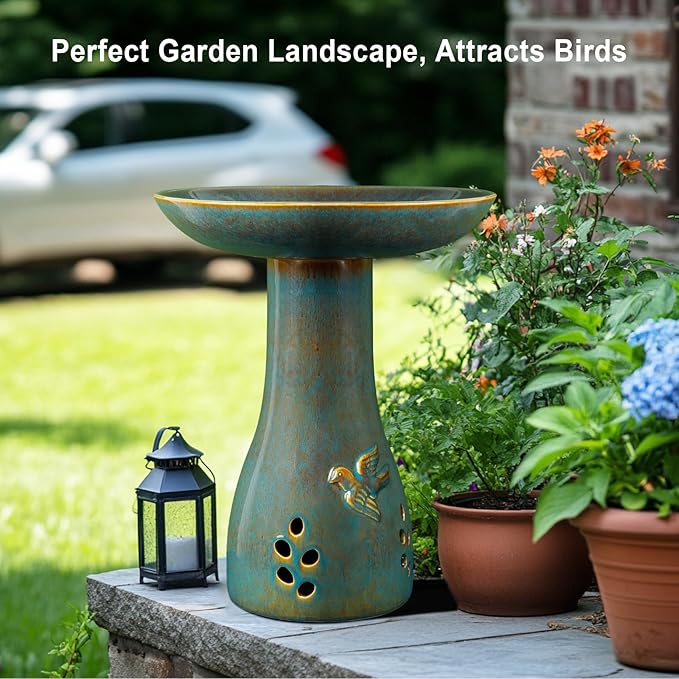 Ceramic Bird Bath for Outdoors, 21.5 inch Heavy Duty Bird Bath，Weather-Resistant Birdbath for Outdoor Garden Use, Attracts Birds, Elegant Yard Décor - Blue