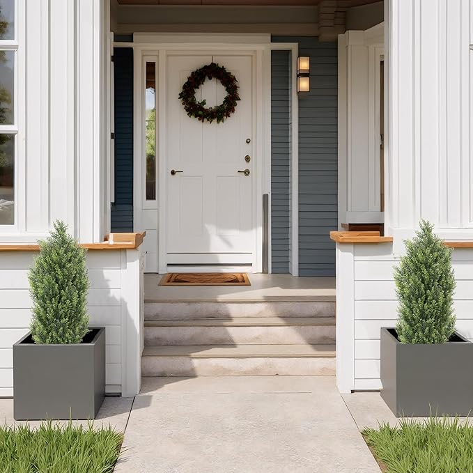 THE BLOOM TIMES 3ft Topiary Trees Artificial Outdoor 2 Pack – UV Resistant Faux Cedar Pine Cypress Bushes and Shrubs, Fake Potted Plants for Front Porch Outside Planter Patio Decor, Set of 2 (3 Foot)