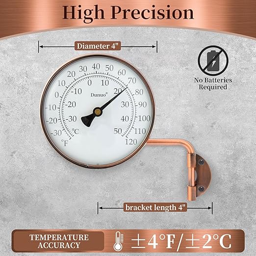 4 Inch Outdoor Thermometer, Outside Temperature Gauge Decorative for Patio, Window, Greenhouse, Garage, Brass Swivel Thermometer (4inch Thermometer)
