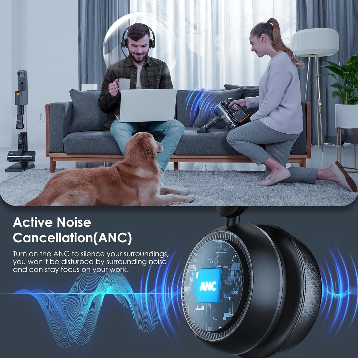 Wireless Headset with ANC & ENC, Bluetooth 5.4 Headset with USB Dongle, Wireless Headphones with Flip-to-Mute Microphone for Work from Home/Office/PC/Cell Phones