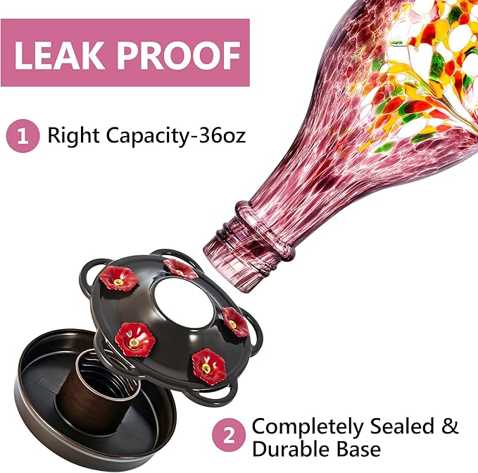 LUJII Hand Blown Glass Hummingbird Feeder for Outdoors Hanging with Ant Guard, 36 fl.oz, Leak Proof & Rustproof, Metal Base with 5 Feeding Ports & 5 Perches, Unique Garden & Backyard Decor (Purple)