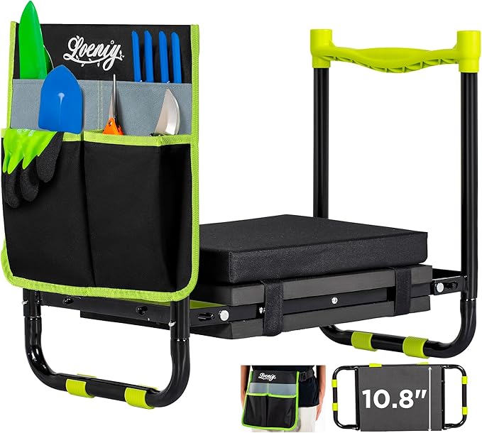 10.8” Wide Garden Kneeler and Seat, Heavy Duty Foldable Gardening Stool with Tool Belt Pouch, Included Thickened Kneeling Pad, Portable Gardening Bench Chair for Seniors & Parents