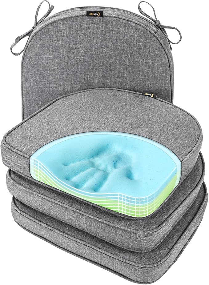 SUNROX Gel Memory Foam Chair Cushions, FadeShield Water-, Stain-Resistant Durable Reversible Seat Cushion Pads with Ties for Indoor/Outdoor Kitchen Dining Office, 19"x19", Set of 4, Heather Charcoal