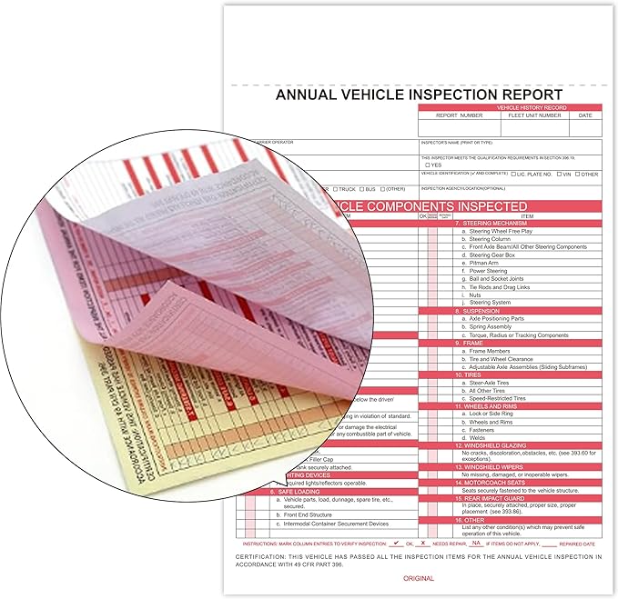 Annual Vehicle Inspection Report Form 5-pk 3-Ply Carbonless,8.5" x 11.75" + Label Aluminum,Permanent Adhesive 6" x 3.5"