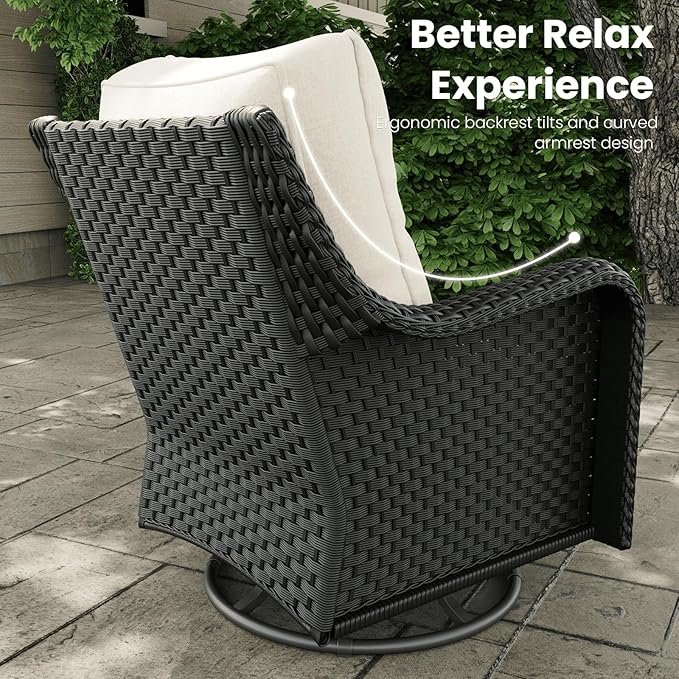 3 Pieces Outdoor Patio Furniture Sets with Rocking Swivel Chairs with 6-inch Thick Cushion and Side Table for Deck Lawn