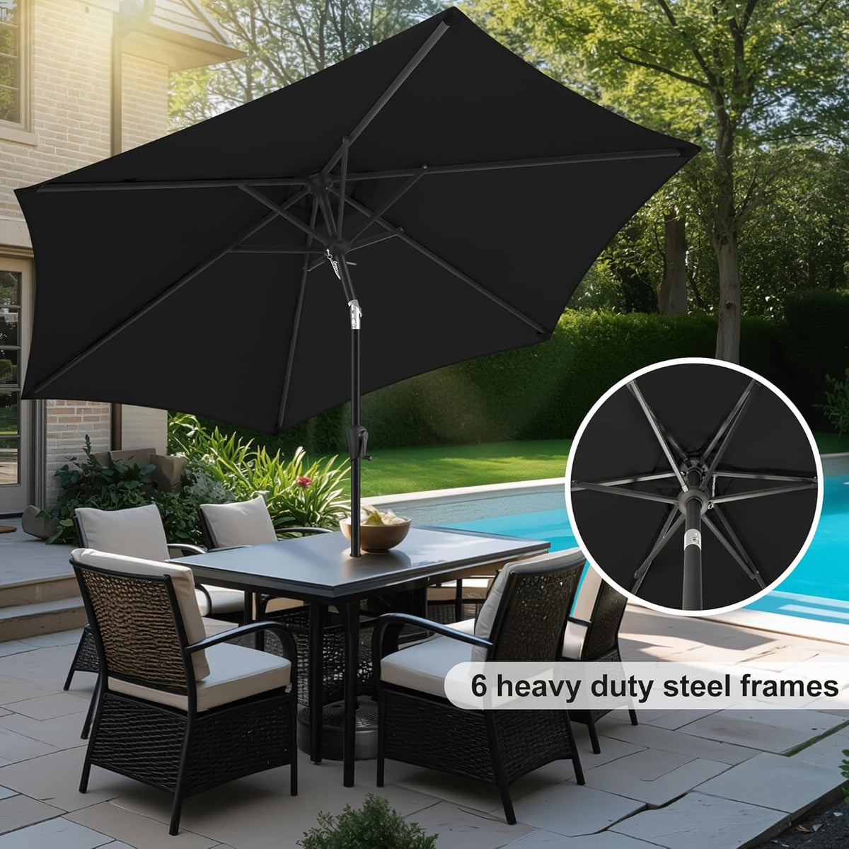 FLAME&SHADE 10ft Patio Umbrella - Outdoor Umbrella with 6 Sturdy Ribs, Push Button Tilt and Crank, UV Protection Table Market Umbrella for Pool, Porch，Garden, Deck, Backyard (Black)