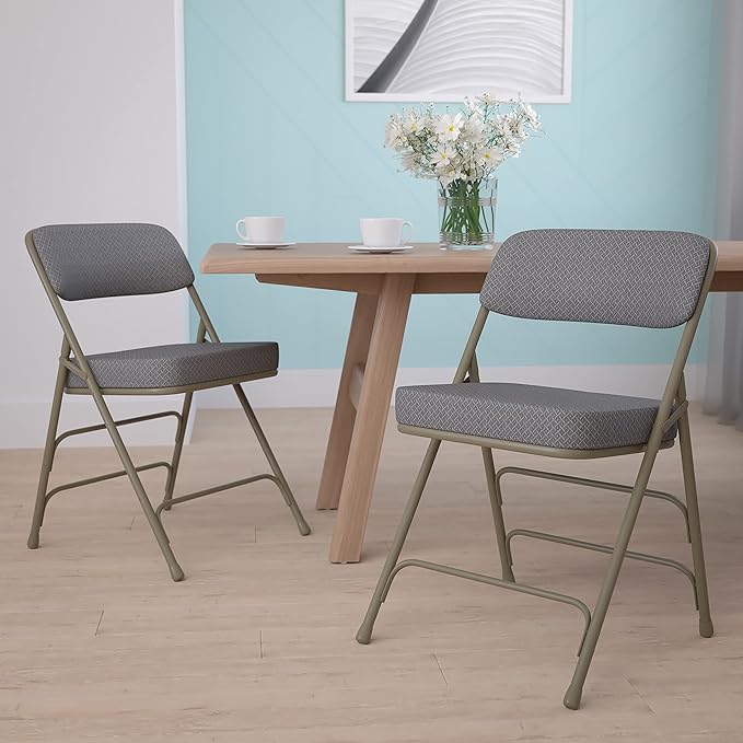 Flash Furniture Hercules Series Metal Folding Chairs with Cushioned Seats, Fabric Upholstered Event Chairs, Set of 2, Gray