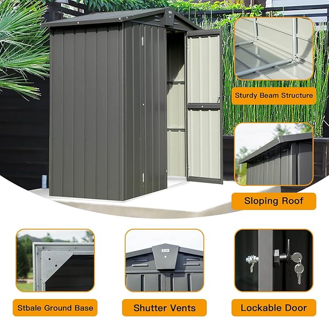 Domi Outdoor Storage Shed 5.7' x 3’, Metal Garden Shed with Galvanized Steel Frame for Bike, Tools, Lawn Mowers, Pool Toys, Outdoor Storage Cabinet with Lockable Door for Garden Lawn Patio (Dark Grey)