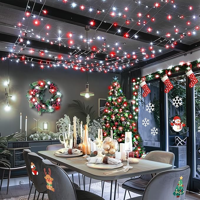 KNONEW 197FT 500 LED Christmas Lights Outdoor String Lights 8 Modes & Memory Fairy Light Plug in Waterproof LED String Lights for Xmas Yard Tree Wedding Party Holiday Decorations (Red and White)
