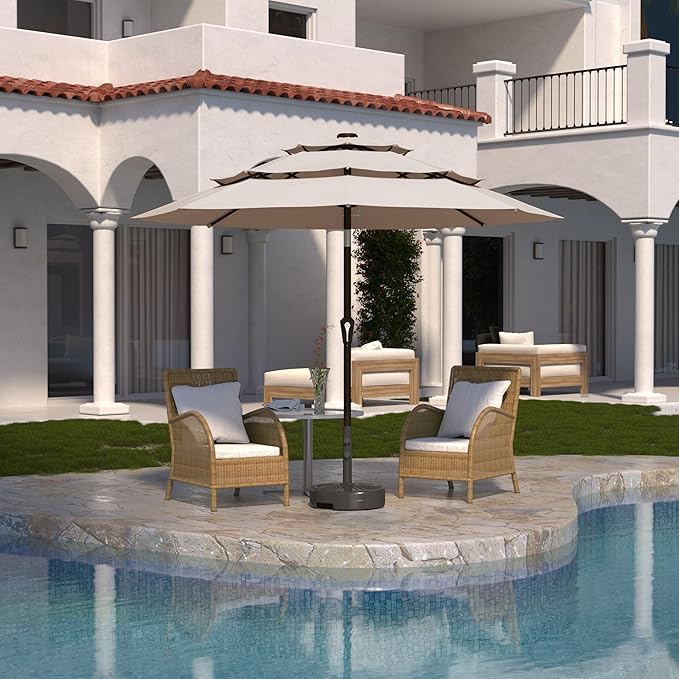 Kingdura 9ft 3-Tier Patio Umbrella, Outdoor Table Umbrella with Easy Crank & Tilt, 8 Reinforced Ribs, UV Protection for Deck, Pool, Market, Backyard (Beige)