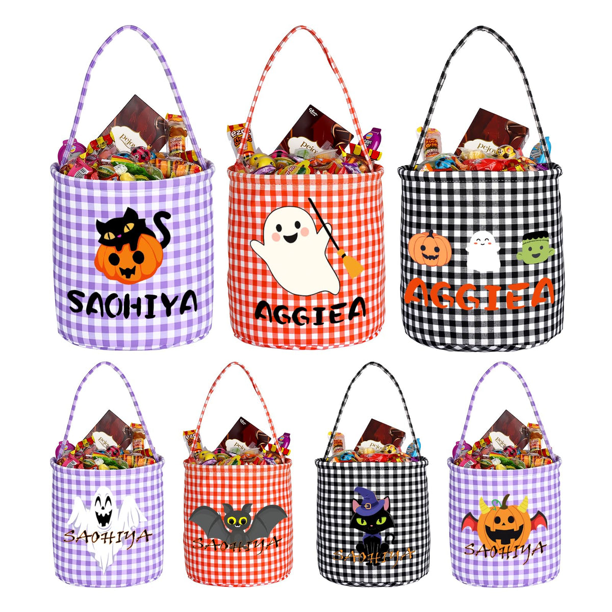 Personalized Halloween Basket, Halloween Candy Bucket with Name Large Capacity Trick or Treat Bags in 5 Colors (Black)